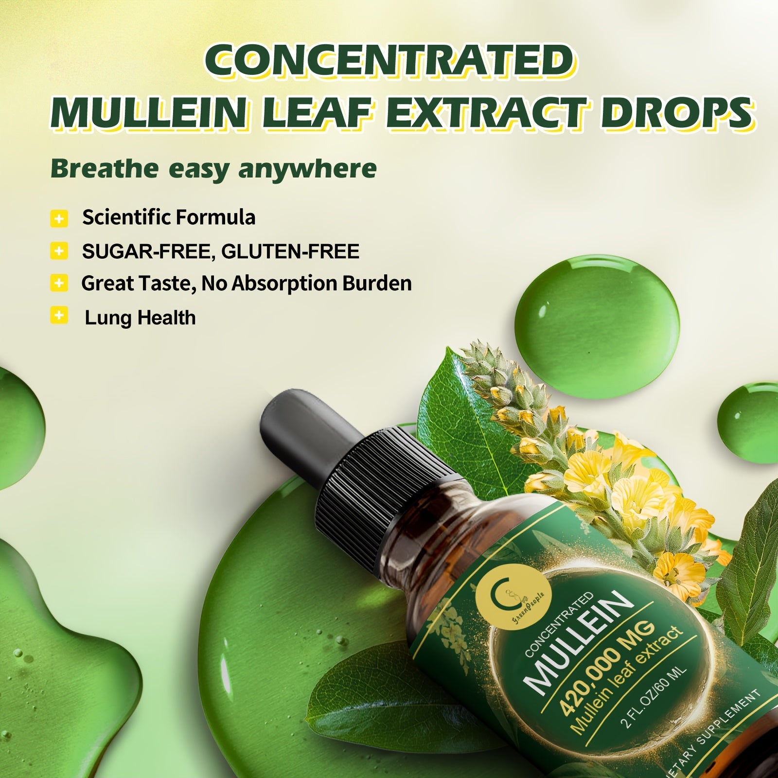 GPGP Greenpeple Mullein Drops For Lungs - for lung Health - Mullein Leaf Liquid Tincture, Support Respiratory, Immune, Digestive System Support, Natural Herbal Supplement, 2 FL OZ/60 ML
