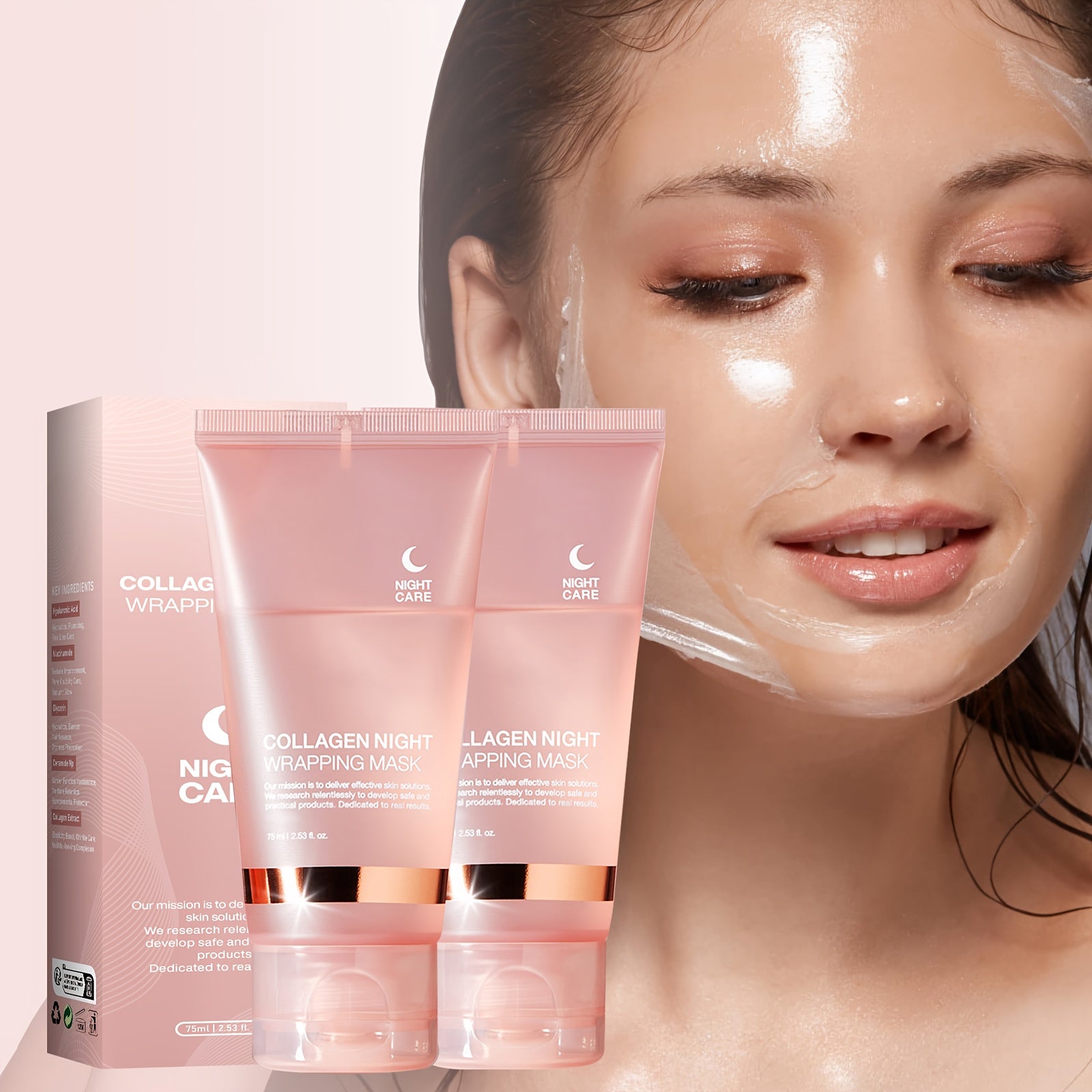 Collagen Night Wrap Mask, Alcohol-Free Mild, Deep Penetration, Nourish and Firm, Facial Glow and Luster, with Jelly Brush, Suitable for All Light Beige Types, Light Beige, Halloween Christmas Valentine's Day Gift, First Choic