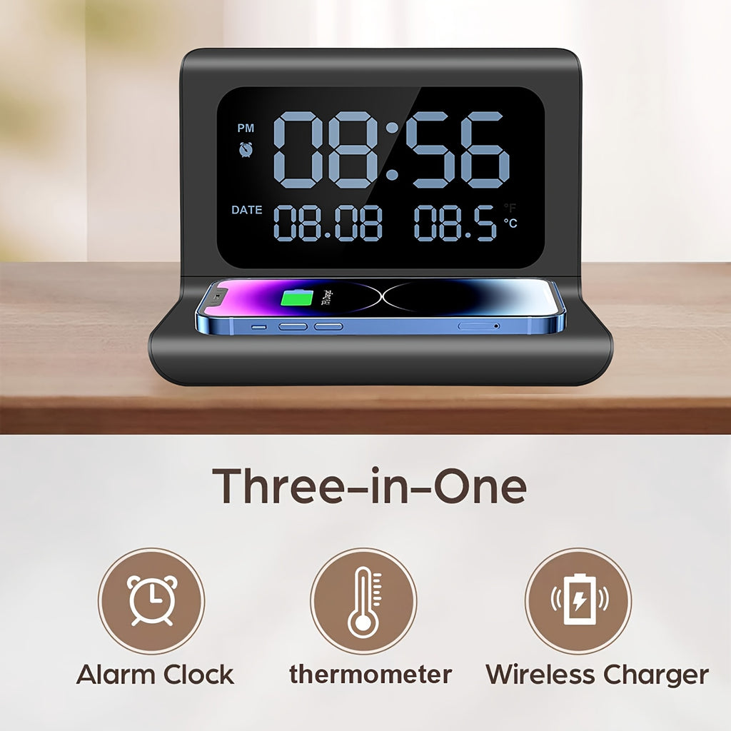 [Wireless Charger] 3in 1 Wireless Charger, Time Temperature Display, Alarm Clock for Bedroom Desk, Charging Dock Station for iPhone 16 15 14 13 12 11 Pro Max/Mini/Plus/XR/X/8 AirPods 2/3/4/Pro/Pro 2, AirPods 4/3/Pro/2, for Sa
