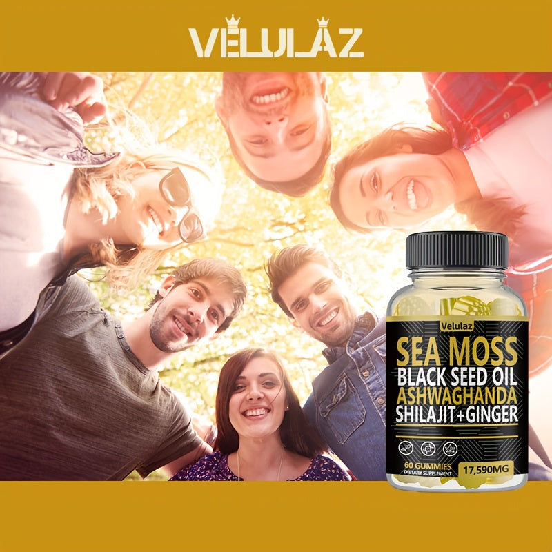 Sea Moss, Black Seed Oil, Ashwagandha, Ginger, Shilajit Gummies with Elderberry, Chlorophyll, Turmeric, Bladderwrack 17590Mg, 60 Gummies