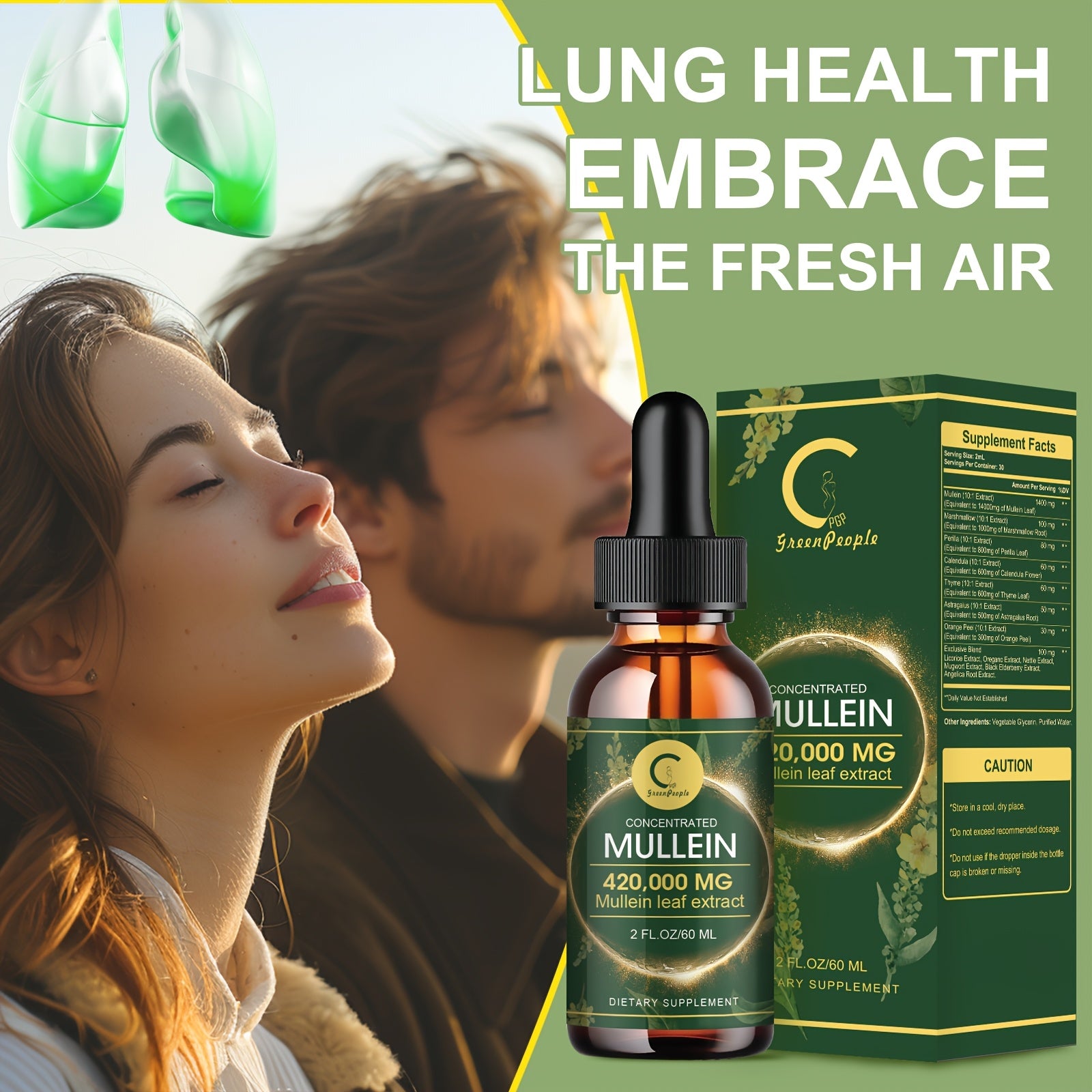 GPGP Greenpeple Mullein Drops For Lungs - for lung Health - Mullein Leaf Liquid Tincture, Support Respiratory, Immune, Digestive System Support, Natural Herbal Supplement, 2 FL OZ/60 ML