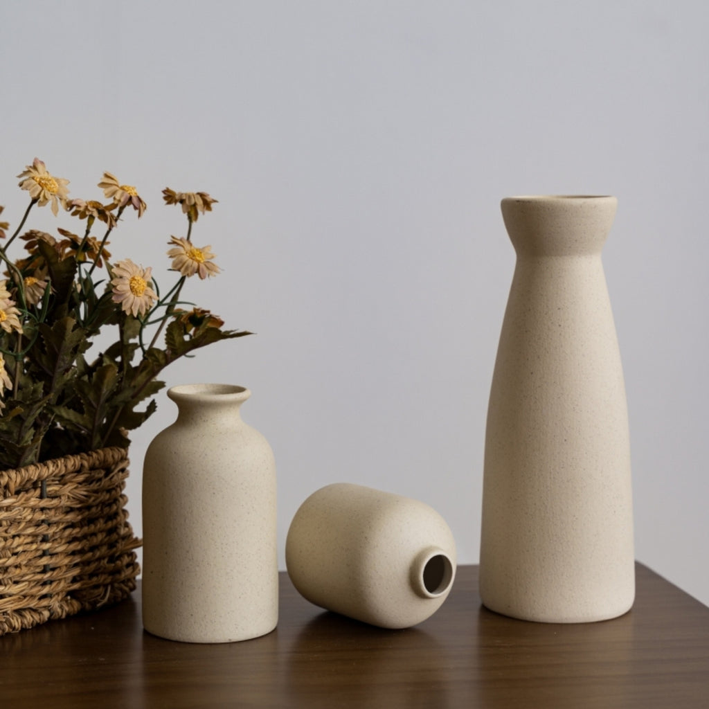 [Mother's Day, Bohemian Ceramic Vase] 3pcs Neutral Matte Ceramic Vase Set - Cylinder Shape for Elegant Home & Living Room Decor - Ideal Mother's Day Gift