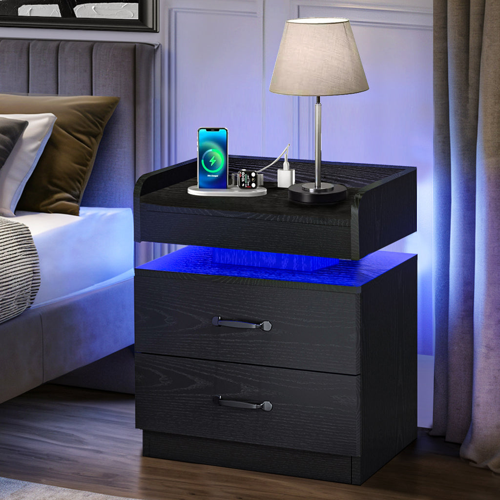 Modern Black Nightstand with Charging Station & LED Lights - USB-Powered Bedside Table, Space-Saving Storage with Drawers, Compact Design for Small Spaces - Ideal for Bedroom or Living Room Decor