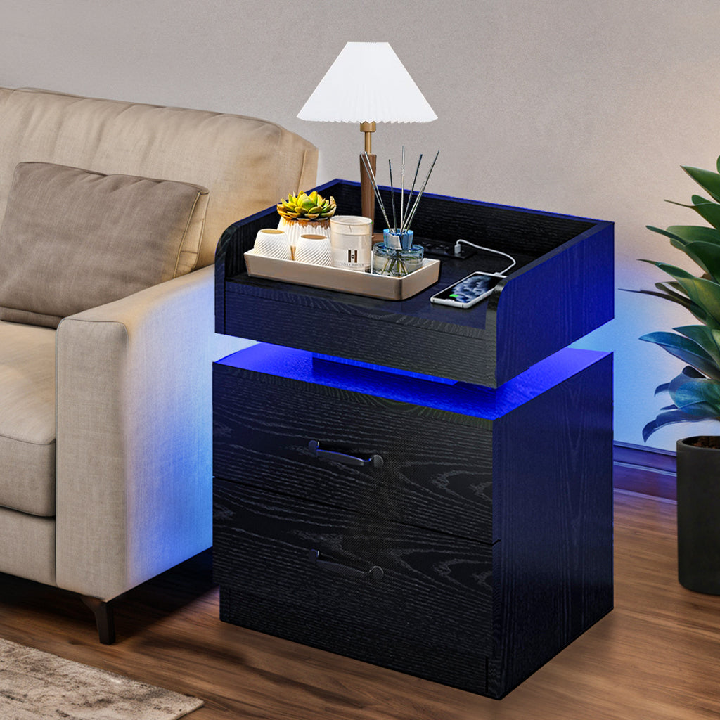 Modern Black Nightstand with Charging Station & LED Lights - USB-Powered Bedside Table, Space-Saving Storage with Drawers, Compact Design for Small Spaces - Ideal for Bedroom or Living Room Decor