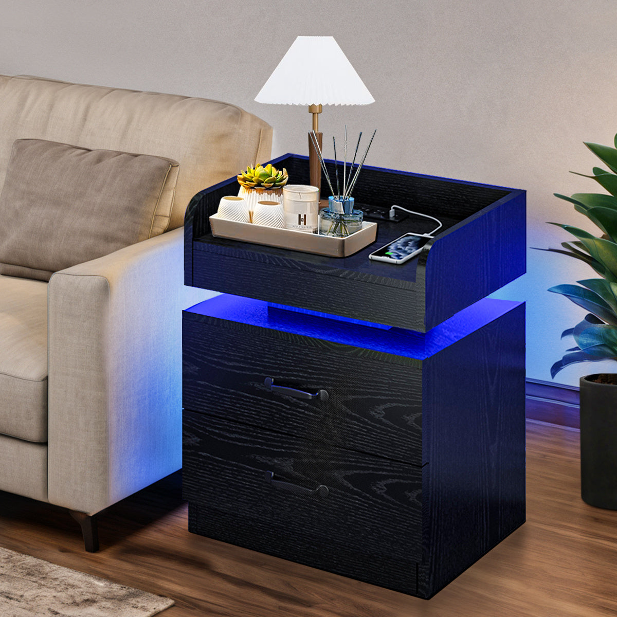 Modern Black Nightstand with Charging Station & LED Lights - USB-Powered Bedside Table, Space-Saving Storage with Drawers, Compact Design for Small Spaces - Ideal for Bedroom or Living Room Decor