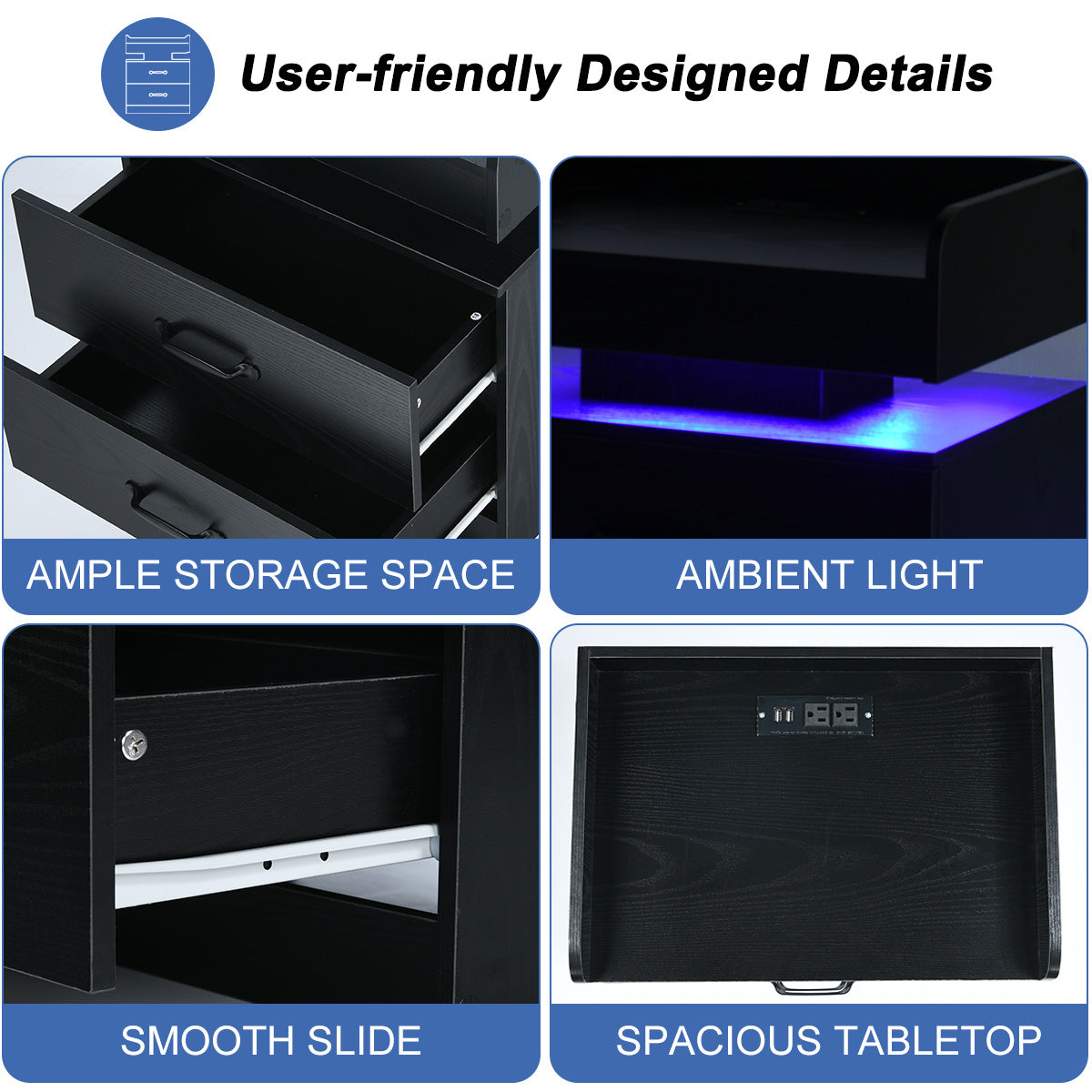 Modern Black Nightstand with Charging Station & LED Lights - USB-Powered Bedside Table, Space-Saving Storage with Drawers, Compact Design for Small Spaces - Ideal for Bedroom or Living Room Decor