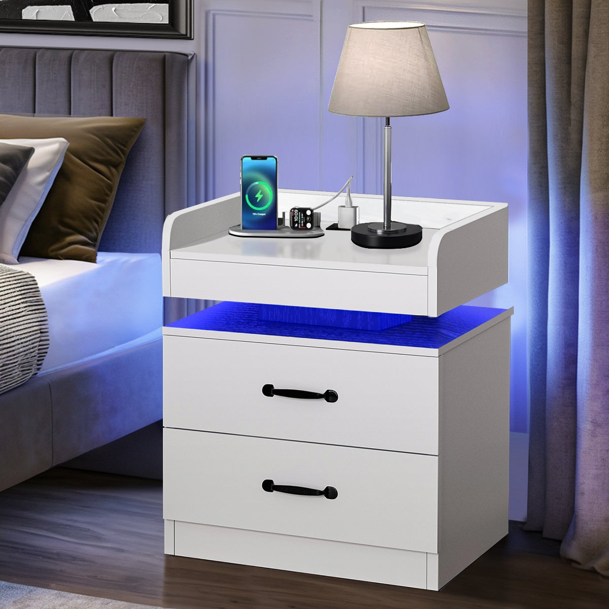 Modern Black Nightstand with Charging Station & LED Lights - USB-Powered Bedside Table, Space-Saving Storage with Drawers, Compact Design for Small Spaces - Ideal for Bedroom or Living Room Decor