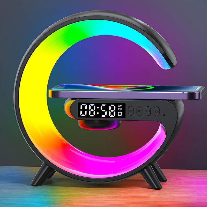 Wireless Charger Stand Speaker Rhythm RGB Light Smart Alarm Clock for iPhone 16 15 14 13 12 Pro Max Plus AirPods for Samsung for Xiaomi 15 14 13 12 for Bedroom Dimmable Table Lamp with Fast Wireless Charge for Adults Dorm, Gi
