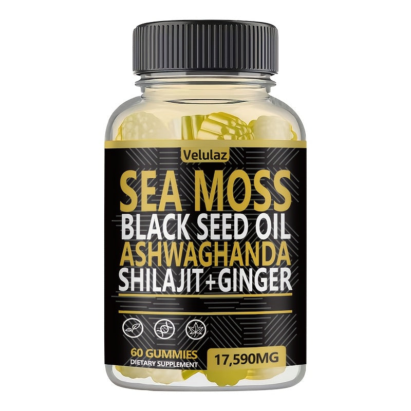 Sea Moss, Black Seed Oil, Ashwagandha, Ginger, Shilajit Gummies with Elderberry, Chlorophyll, Turmeric, Bladderwrack 17590Mg, 60 Gummies