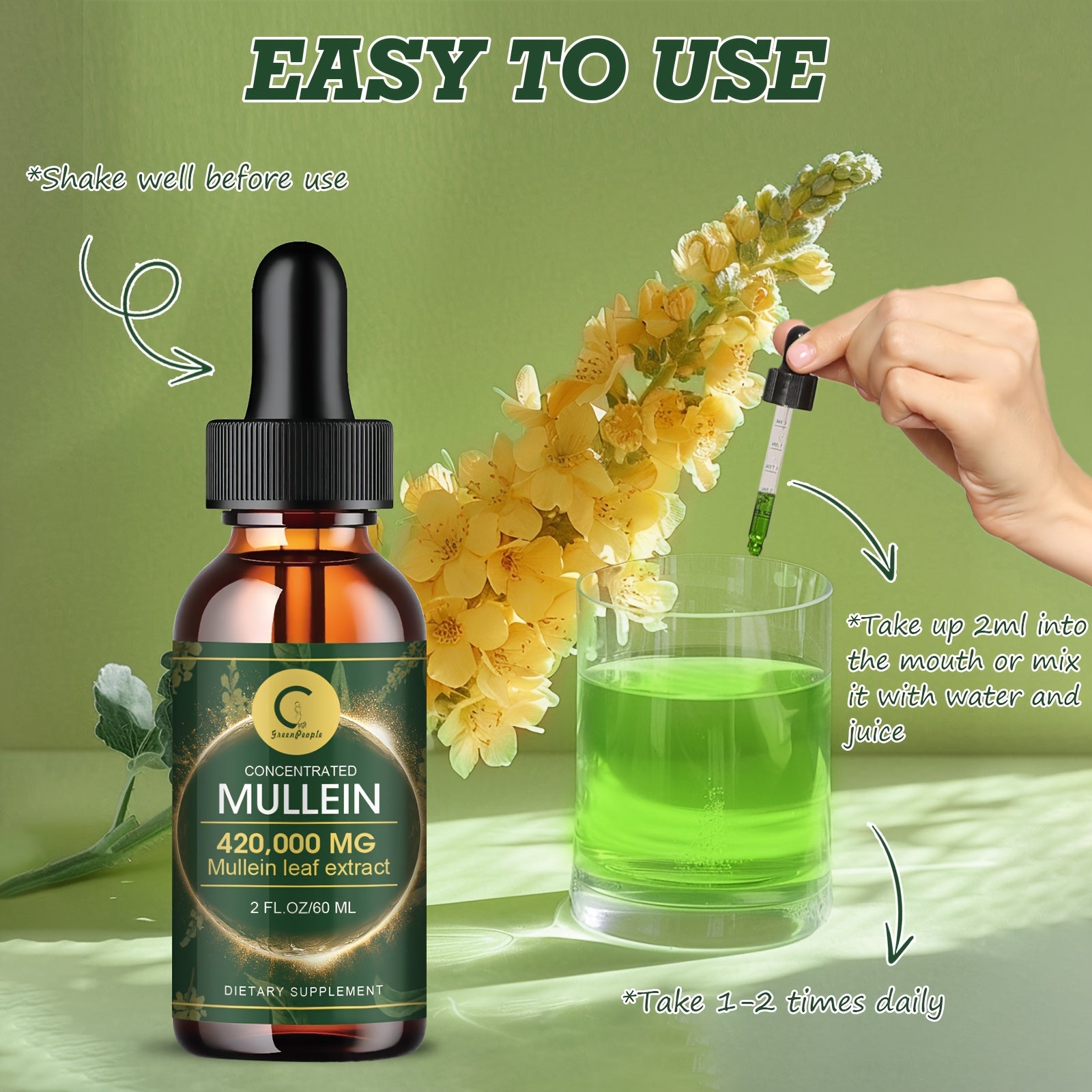 GPGP Greenpeple Mullein Drops For Lungs - for lung Health - Mullein Leaf Liquid Tincture, Support Respiratory, Immune, Digestive System Support, Natural Herbal Supplement, 2 FL OZ/60 ML