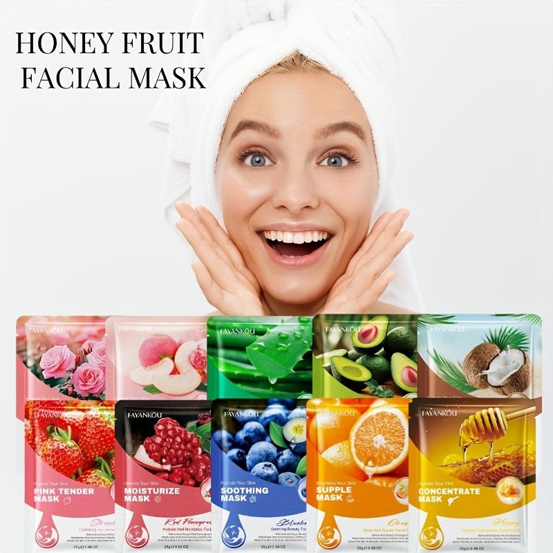 [10pcs Honey Facial Masks] 10pcs Honey Fruit Moisturizing Facial Masks | Rich in Fruit Essence and Glycerin, Deep Hydration, Nourish Skin | Exquisitely Packaged, a Great Gift for Family and Friends