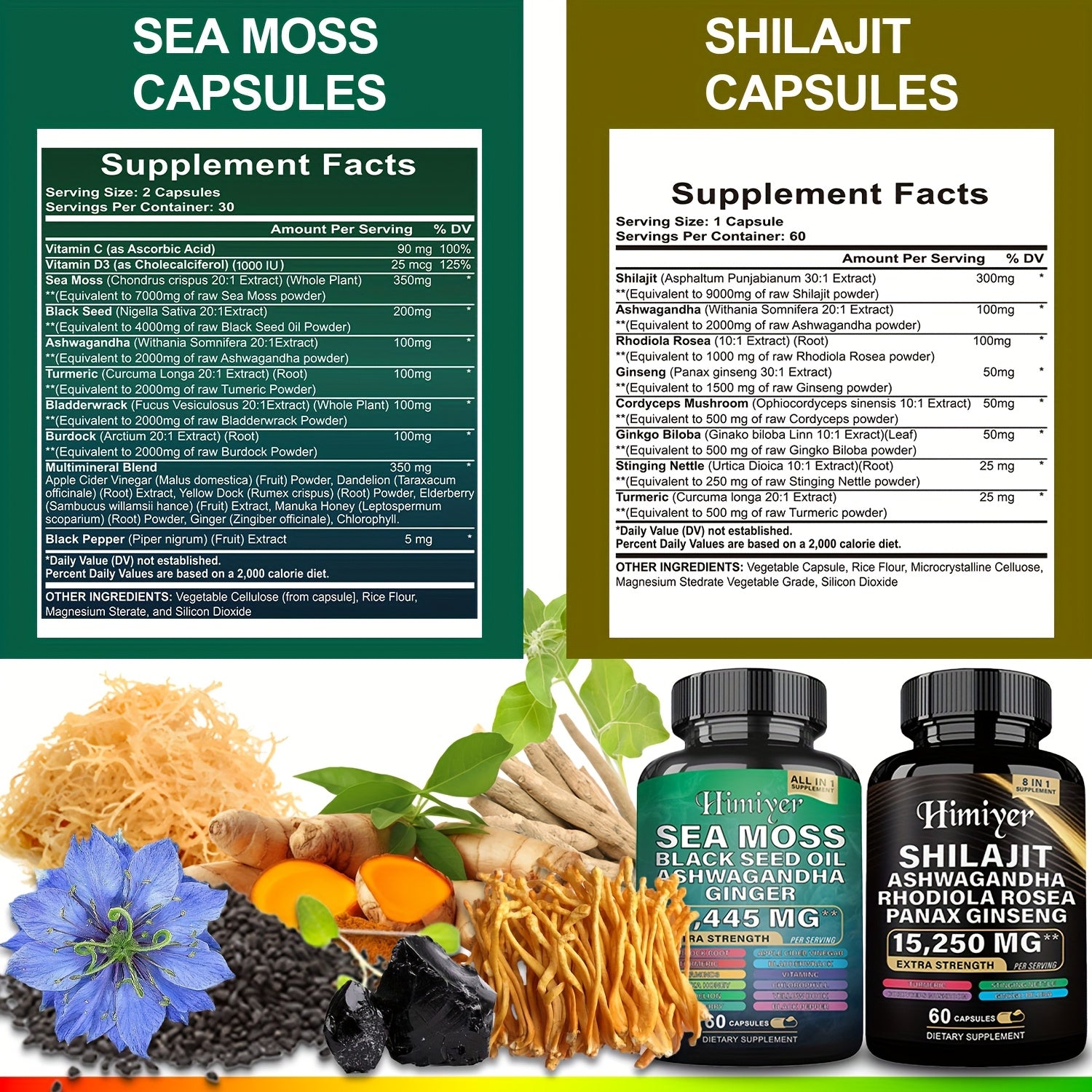 [Energy Pack] 19445Mg+15250Mg Sports Health Energy Pack | Shilajit And Seamoss Ginger South African Drunken Eggplant Capsule, Sea Moss 7000Mg, Black Seed Oil 4000Mg, Ashwagandha 2000Mg, Ginger And Shilajit 9000Mg, Rhodiola Ro