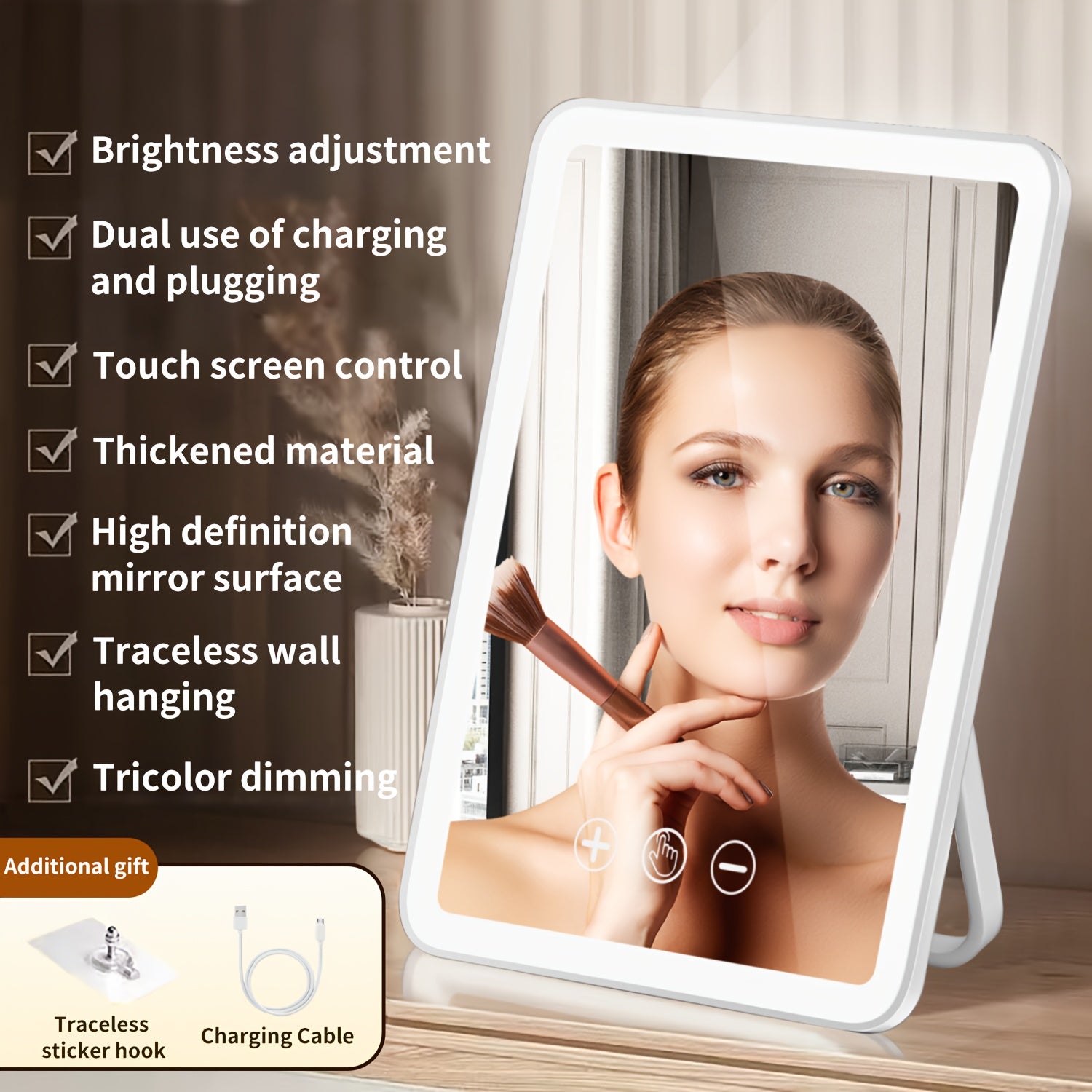 1pc LED Smart Makeup Mirror, High Definition Mirror with 3 Color Illumination Infinitely Adjustable Brightness, Touch Controls, Rechargeable Makeup Mirrors