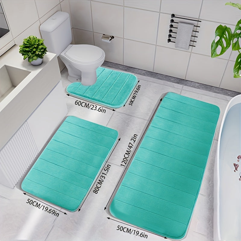 3pcs Memory Foam Bath Mat Set - Quick-Dry, Non-Slip, Thickened, Machine Washable, Soft & Comfortable Shower Rugs for Bathroom, Polyester 100., 1.2cm Thick, Rectangular Shape, Bath Mats for Bathroom