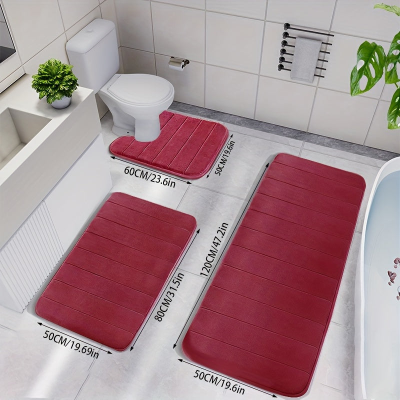 3pcs Memory Foam Bath Mat Set - Quick-Dry, Non-Slip, Thickened, Machine Washable, Soft & Comfortable Shower Rugs for Bathroom, Polyester 100., 1.2cm Thick, Rectangular Shape, Bath Mats for Bathroom
