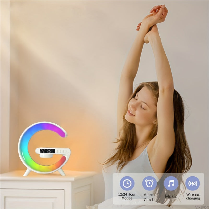 Wireless Charger Stand Speaker Rhythm RGB Light Smart Alarm Clock for iPhone 16 15 14 13 12 Pro Max Plus AirPods for Samsung for Xiaomi 15 14 13 12 for Bedroom Dimmable Table Lamp with Fast Wireless Charge for Adults Dorm, Gi