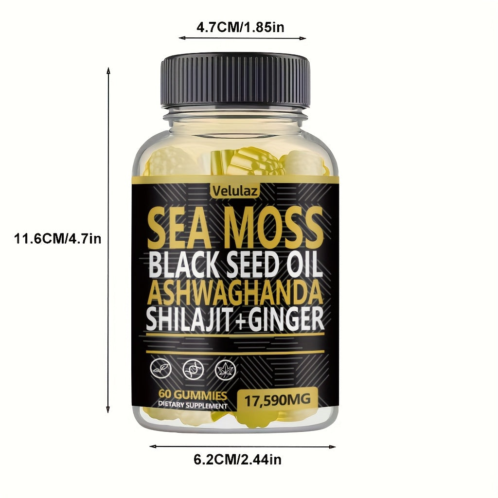 Sea Moss, Black Seed Oil, Ashwagandha, Ginger, Shilajit Gummies with Elderberry, Chlorophyll, Turmeric, Bladderwrack 17590Mg, 60 Gummies