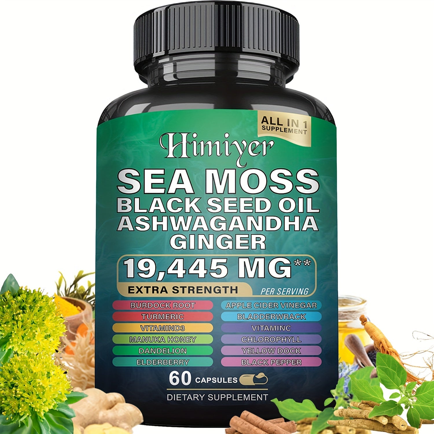 [Energy Pack] 19445Mg+15250Mg Sports Health Energy Pack | Shilajit And Seamoss Ginger South African Drunken Eggplant Capsule, Sea Moss 7000Mg, Black Seed Oil 4000Mg, Ashwagandha 2000Mg, Ginger And Shilajit 9000Mg, Rhodiola Ro