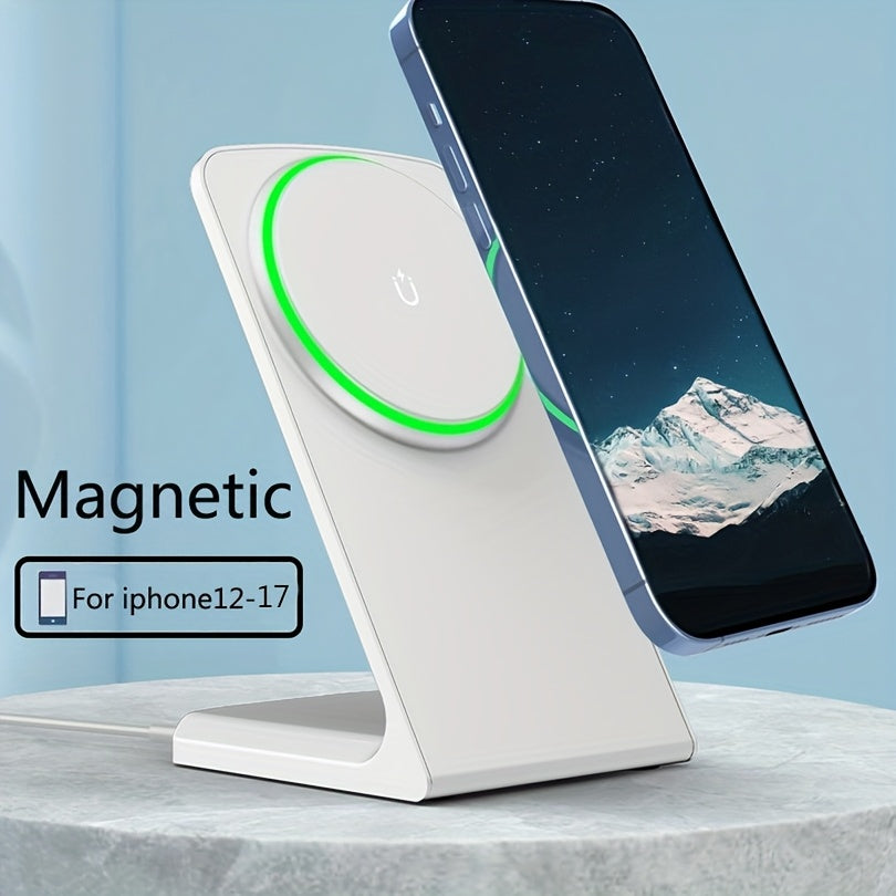 [Apple Wireless Charger] Apple Wireless Charger for iPhone 12/13/14/15/16/17 Pro Max, 15W Fast Charging Magnetic Desk Stand, Apple AirPods Charging Station, Vertical Wireless Phone Dock