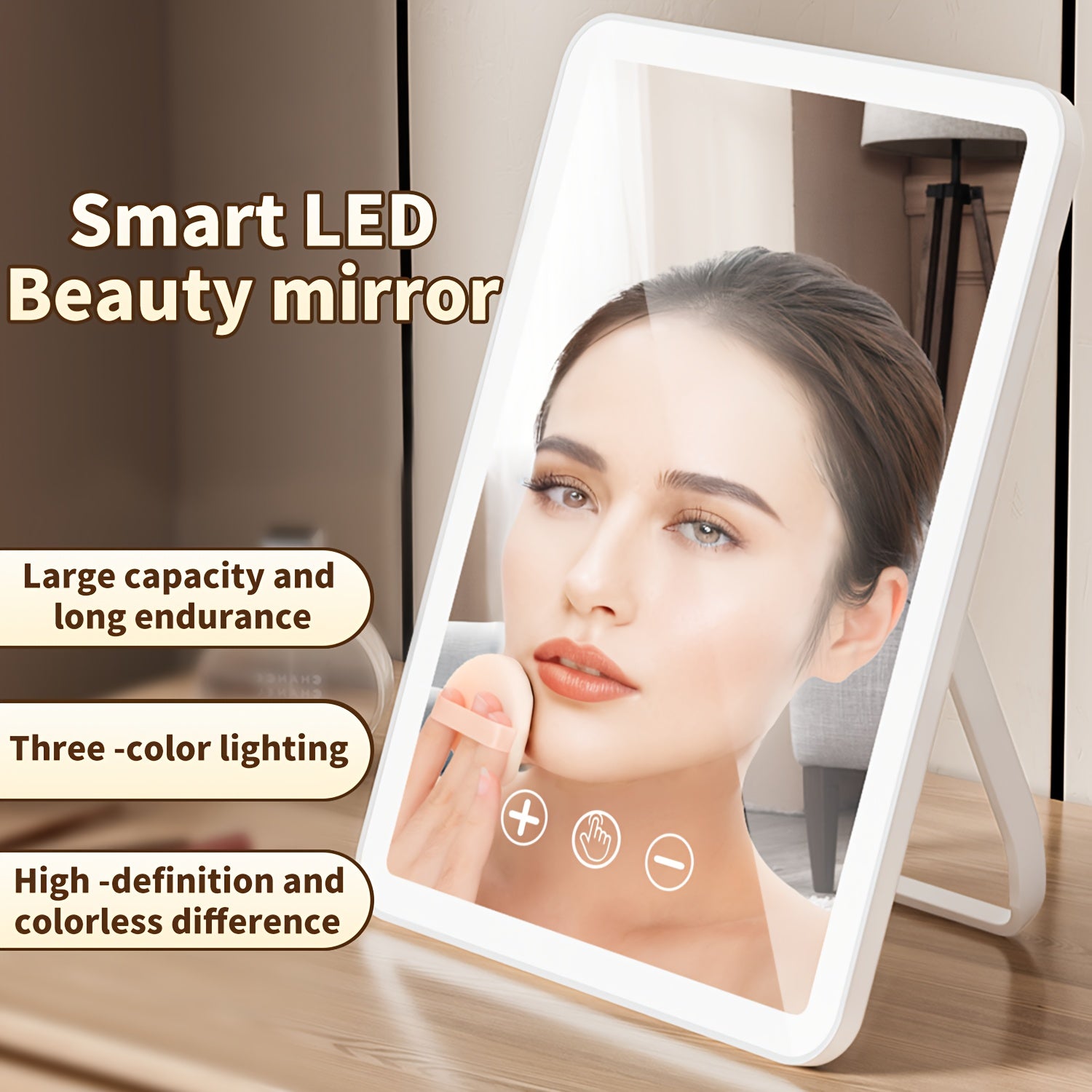 1pc LED Smart Makeup Mirror, High Definition Mirror with 3 Color Illumination Infinitely Adjustable Brightness, Touch Controls, Rechargeable Makeup Mirrors