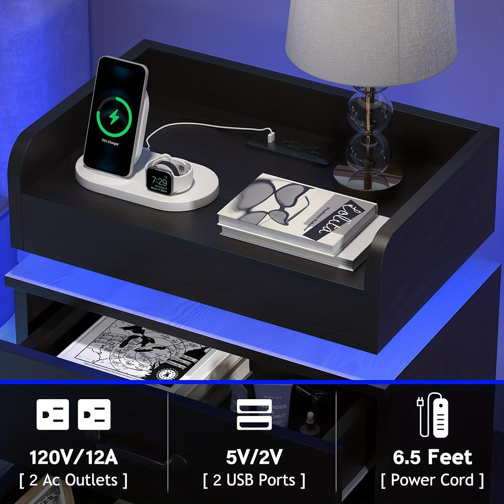 Modern Black Nightstand with Charging Station & LED Lights - USB-Powered Bedside Table, Space-Saving Storage with Drawers, Compact Design for Small Spaces - Ideal for Bedroom or Living Room Decor