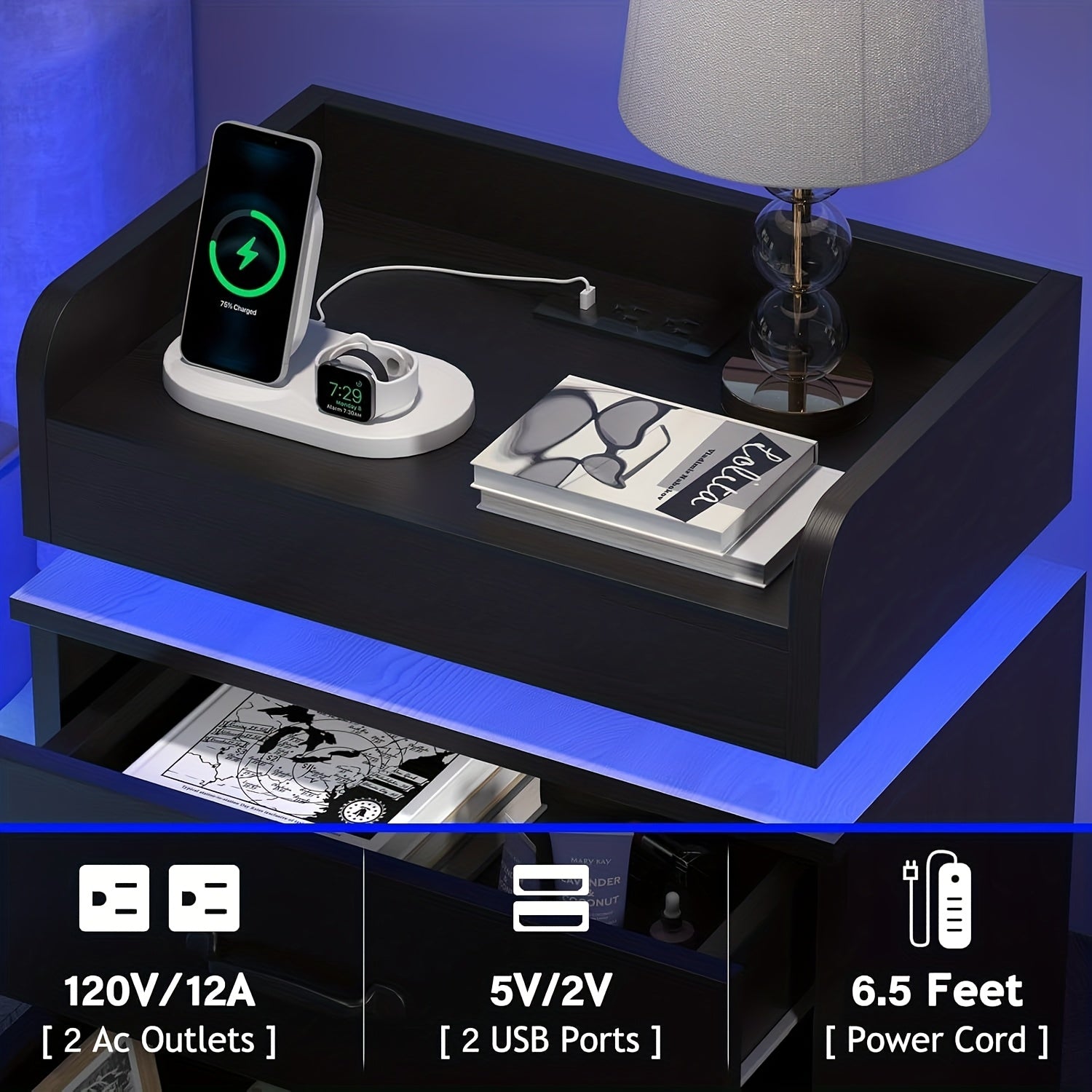Modern Black Nightstand with Charging Station & LED Lights - USB-Powered Bedside Table, Space-Saving Storage with Drawers, Compact Design for Small Spaces - Ideal for Bedroom or Living Room Decor