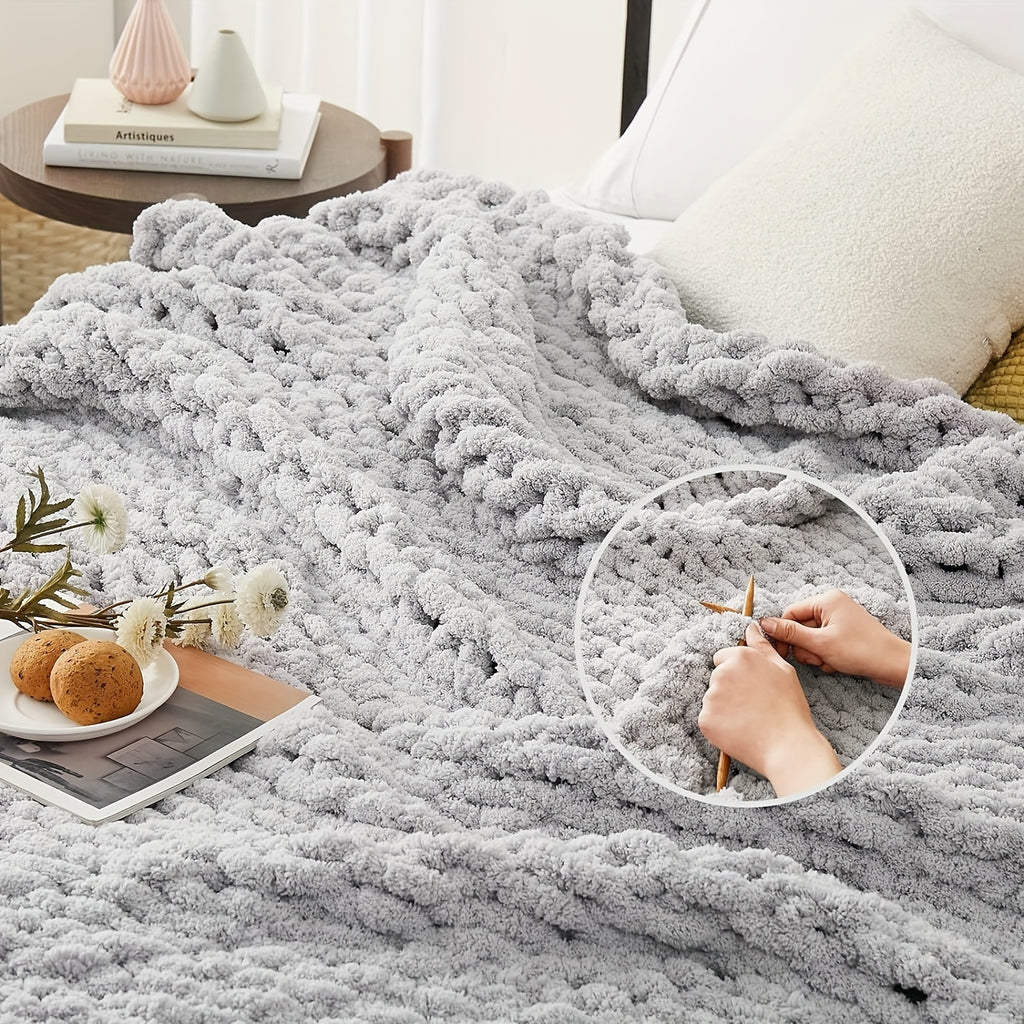 Chunky Knit Blanket Throw, 100% Hand Knit Chenille Throw Blanket For Sofa & Home Decor, Handmade Thick Cable Knit Crochet Blanket