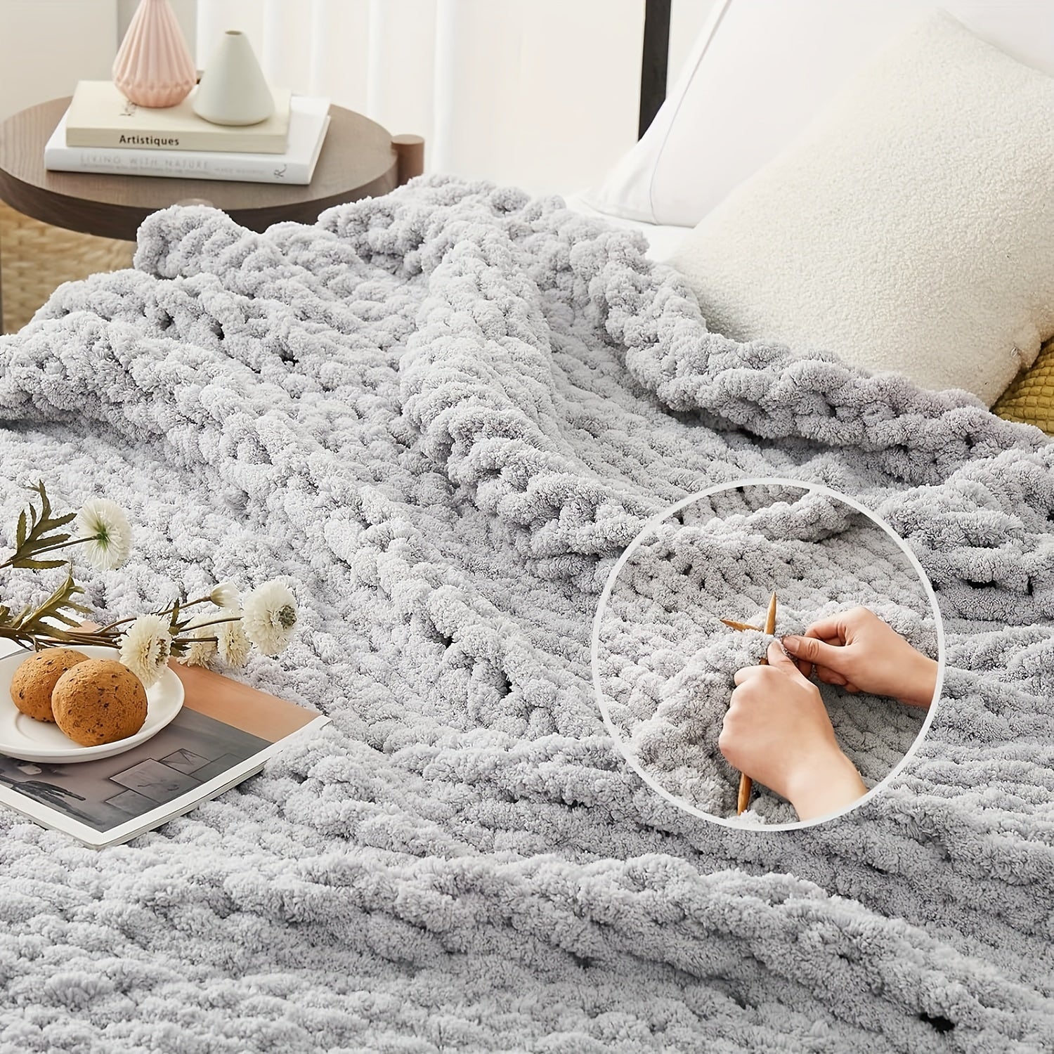 Chunky Knit Blanket Throw, 100% Hand Knit Chenille Throw Blanket For Sofa & Home Decor, Handmade Thick Cable Knit Crochet Blanket