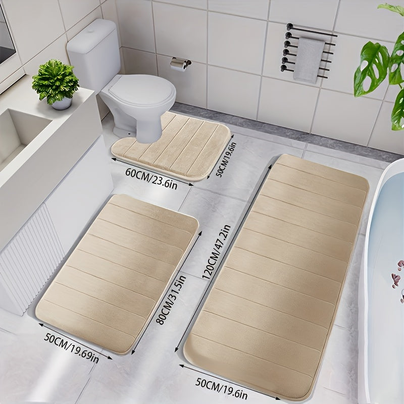 3pcs Memory Foam Bath Mat Set - Quick-Dry, Non-Slip, Thickened, Machine Washable, Soft & Comfortable Shower Rugs for Bathroom, Polyester 100., 1.2cm Thick, Rectangular Shape, Bath Mats for Bathroom