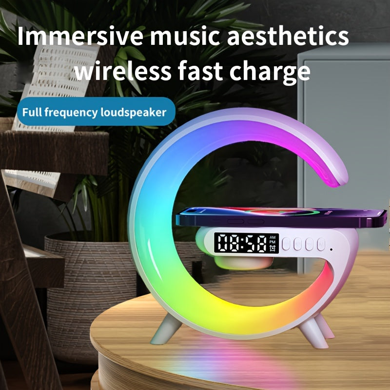 Wireless Charger Stand Speaker Rhythm RGB Light Smart Alarm Clock for iPhone 16 15 14 13 12 Pro Max Plus AirPods for Samsung for Xiaomi 15 14 13 12 for Bedroom Dimmable Table Lamp with Fast Wireless Charge for Adults Dorm, Gi