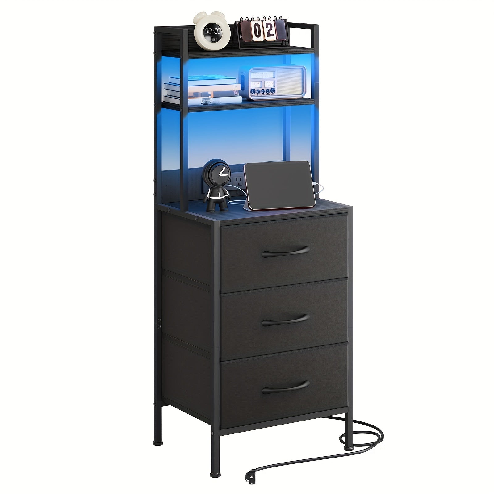 Nightstand With Charging Station | Bed-side Table With 3 PU Fabric Storage Drawers, LED Nightstand With USB Port And Outlet, Black, 41-inch, Heavy Duty Night Stand For School And Dormitory Storage, For Halloween And Christmas