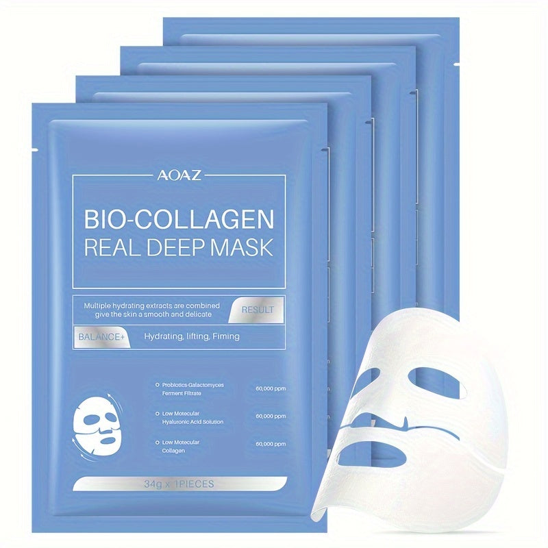4pcs Bio-Collagen Real Deep Mask Pack Hydrating & Firming Facial Sheet Masks with Collagen, Hyaluronic Acid & Nicotinamide Moisturizing & Invigorating for All Light Beige Types(1pc/4pcs/8pcs)
