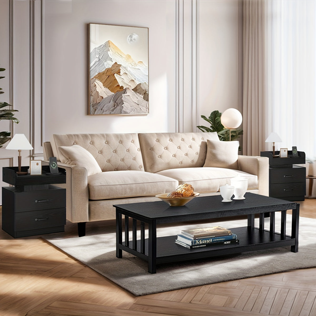 Modern Black Nightstand with Charging Station & LED Lights - USB-Powered Bedside Table, Space-Saving Storage with Drawers, Compact Design for Small Spaces - Ideal for Bedroom or Living Room Decor