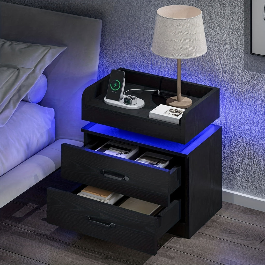 Modern Black Nightstand with Charging Station & LED Lights - USB-Powered Bedside Table, Space-Saving Storage with Drawers, Compact Design for Small Spaces - Ideal for Bedroom or Living Room Decor