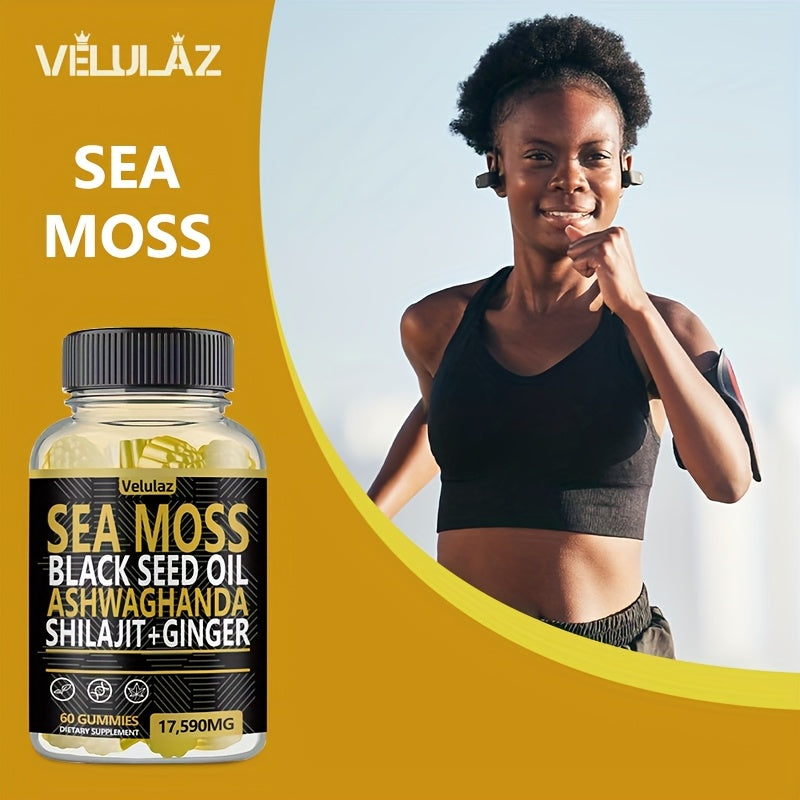 Sea Moss, Black Seed Oil, Ashwagandha, Ginger, Shilajit Gummies with Elderberry, Chlorophyll, Turmeric, Bladderwrack 17590Mg, 60 Gummies