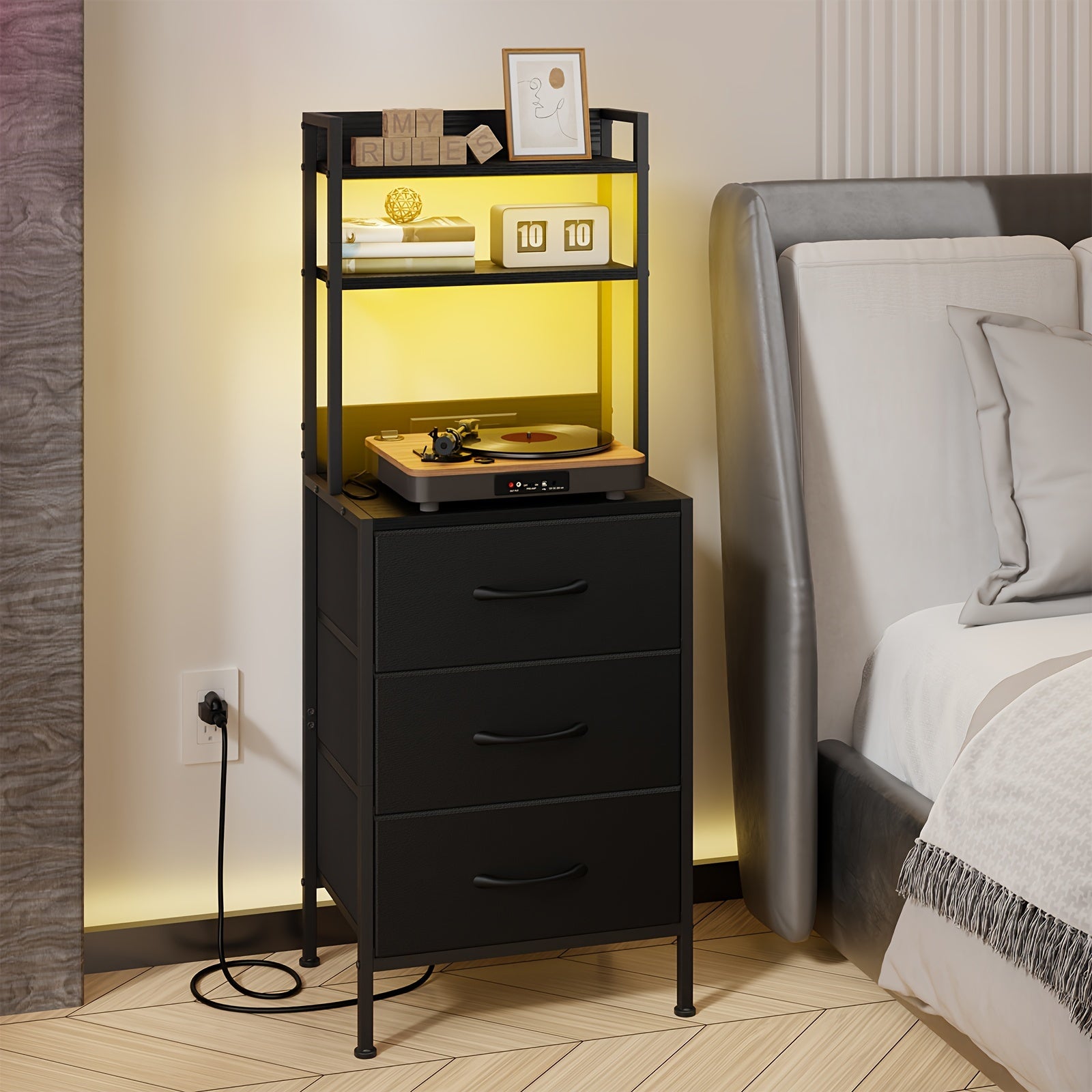 Nightstand With Charging Station | Bed-side Table With 3 PU Fabric Storage Drawers, LED Nightstand With USB Port And Outlet, Black, 41-inch, Heavy Duty Night Stand For School And Dormitory Storage, For Halloween And Christmas