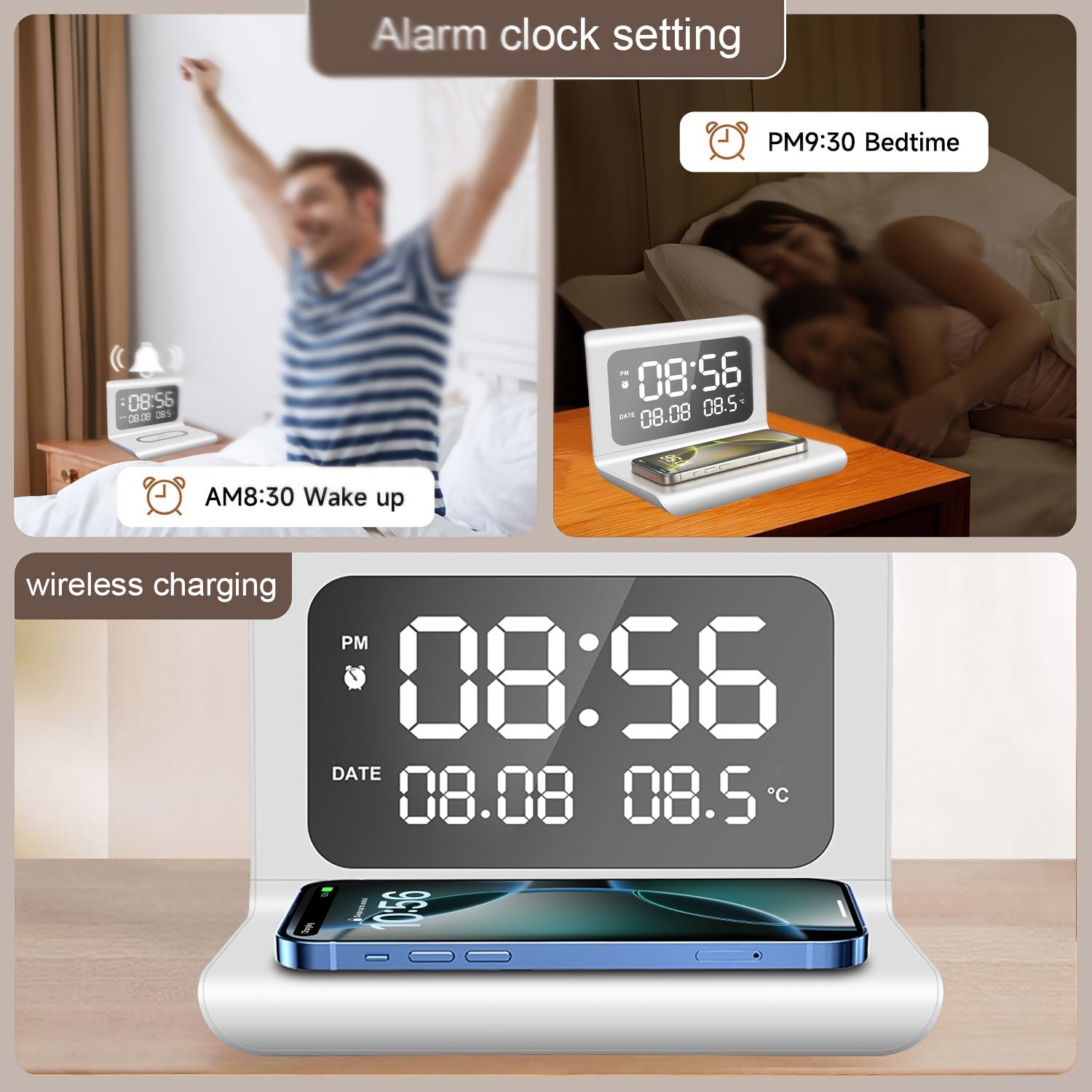 [Wireless Charger] 3in 1 Wireless Charger, Time Temperature Display, Alarm Clock for Bedroom Desk, Charging Dock Station for iPhone 16 15 14 13 12 11 Pro Max/Mini/Plus/XR/X/8 AirPods 2/3/4/Pro/Pro 2, AirPods 4/3/Pro/2, for Sa