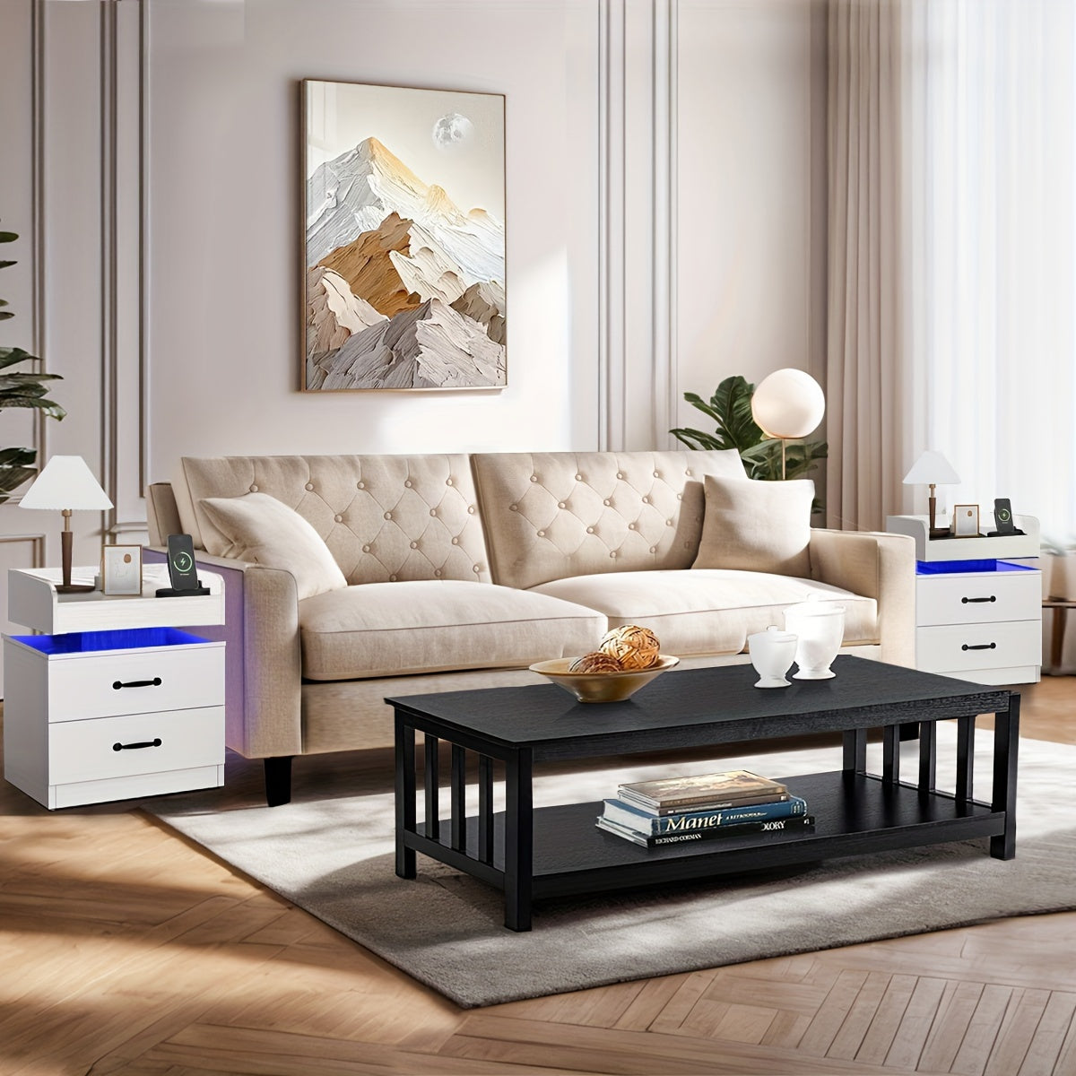 Modern Black Nightstand with Charging Station & LED Lights - USB-Powered Bedside Table, Space-Saving Storage with Drawers, Compact Design for Small Spaces - Ideal for Bedroom or Living Room Decor