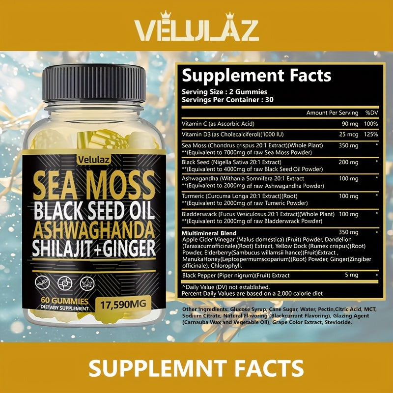 Sea Moss, Black Seed Oil, Ashwagandha, Ginger, Shilajit Gummies with Elderberry, Chlorophyll, Turmeric, Bladderwrack 17590Mg, 60 Gummies