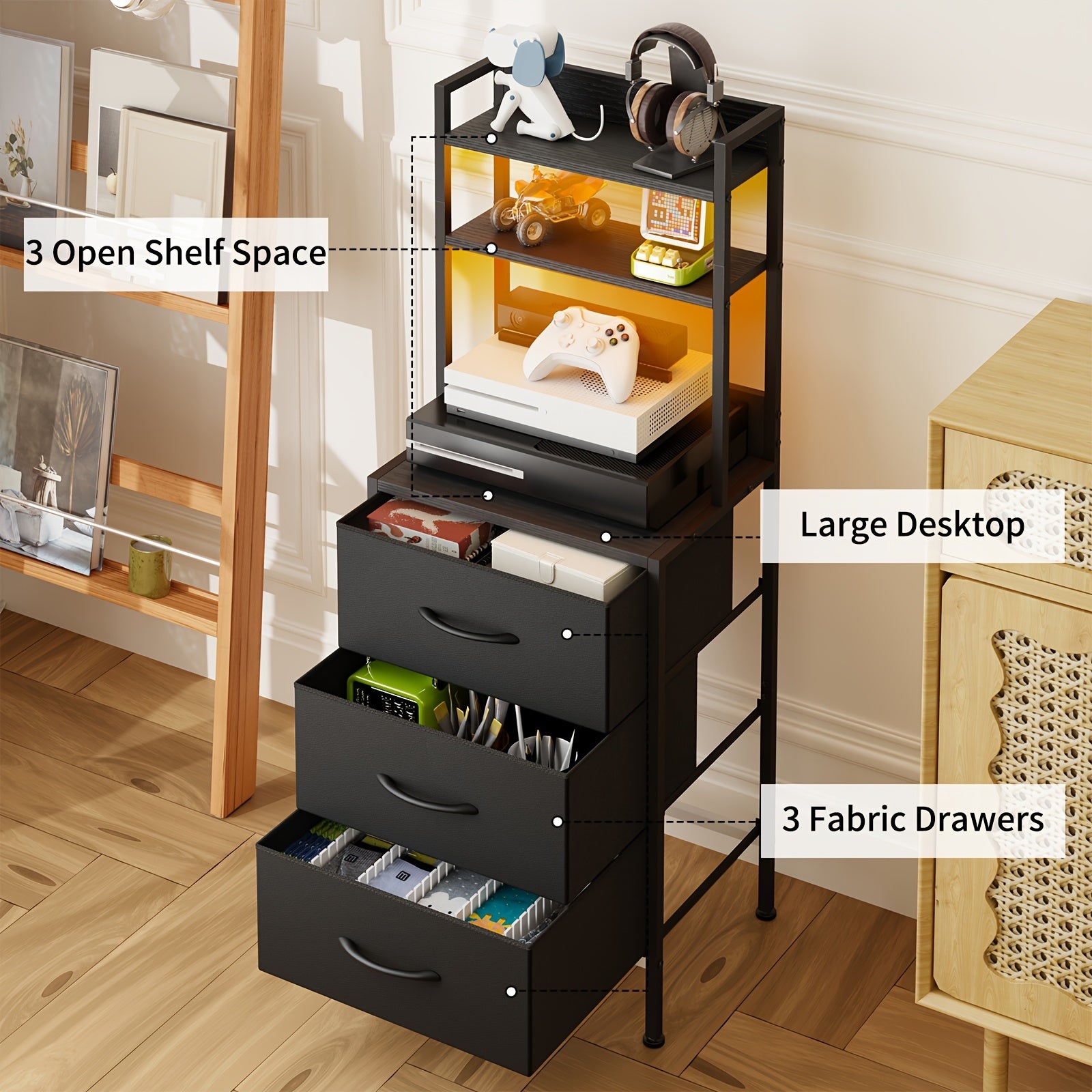 Nightstand With Charging Station | Bed-side Table With 3 PU Fabric Storage Drawers, LED Nightstand With USB Port And Outlet, Black, 41-inch, Heavy Duty Night Stand For School And Dormitory Storage, For Halloween And Christmas