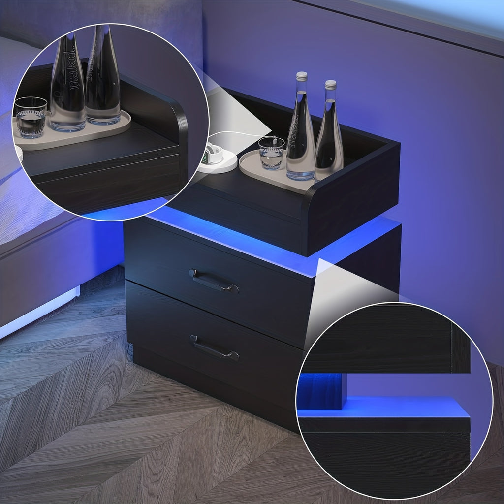Modern Black Nightstand with Charging Station & LED Lights - USB-Powered Bedside Table, Space-Saving Storage with Drawers, Compact Design for Small Spaces - Ideal for Bedroom or Living Room Decor
