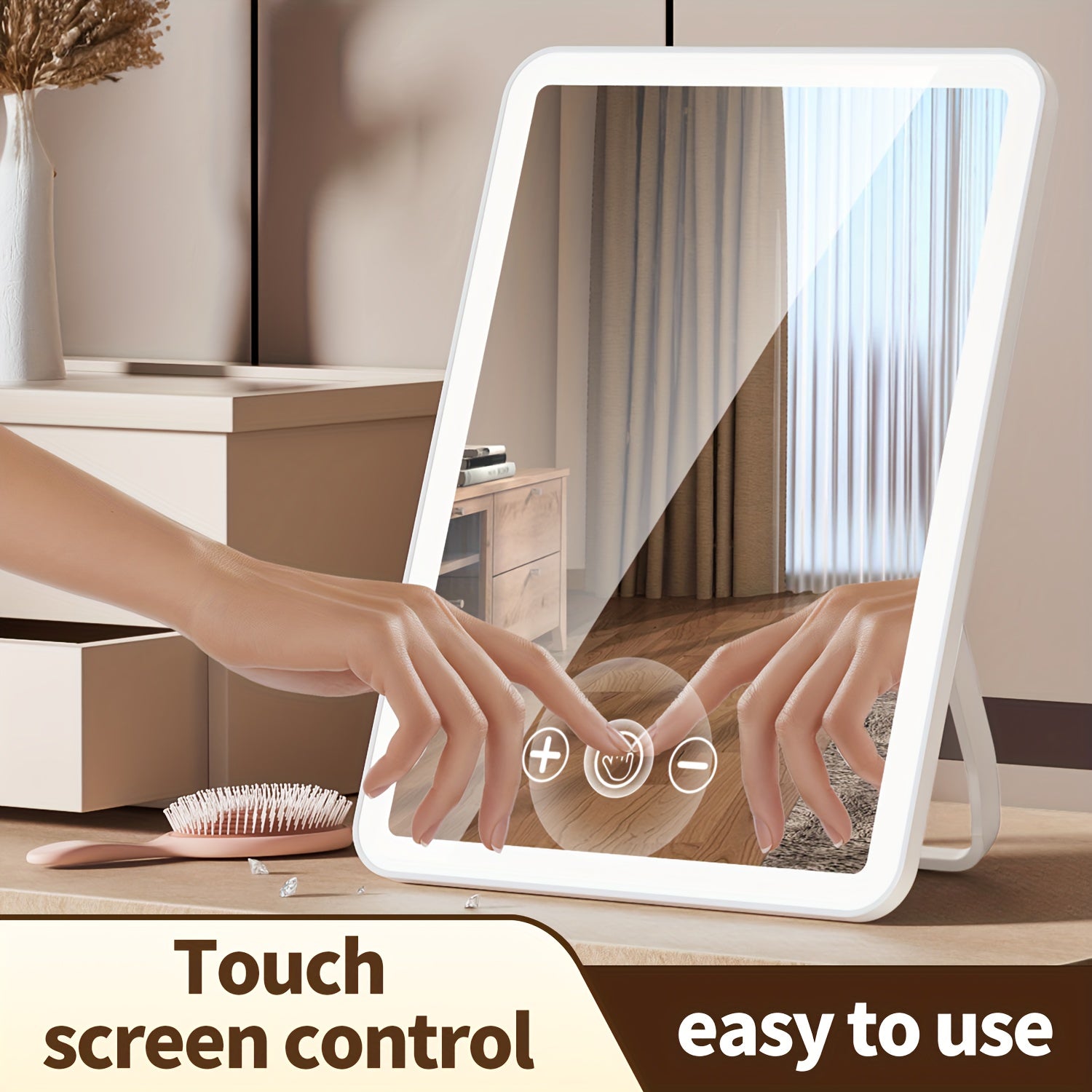 1pc LED Smart Makeup Mirror, High Definition Mirror with 3 Color Illumination Infinitely Adjustable Brightness, Touch Controls, Rechargeable Makeup Mirrors