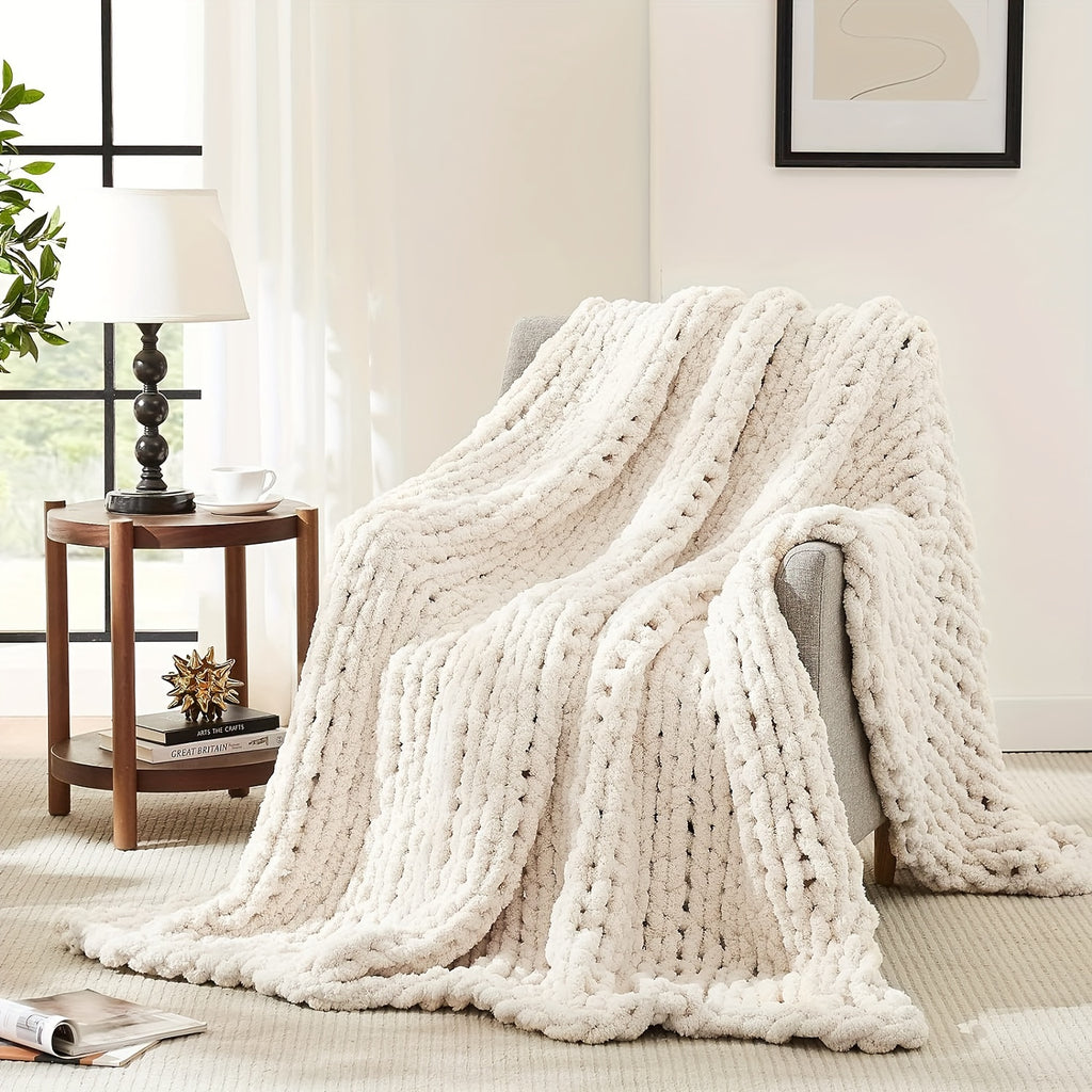 Chunky Knit Blanket Throw, 100% Hand Knit Chenille Throw Blanket For Sofa & Home Decor, Handmade Thick Cable Knit Crochet Blanket