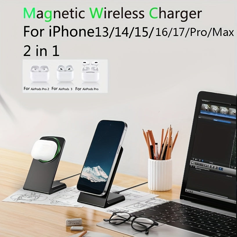 [Apple Wireless Charger] Apple Wireless Charger for iPhone 12/13/14/15/16/17 Pro Max, 15W Fast Charging Magnetic Desk Stand, Apple AirPods Charging Station, Vertical Wireless Phone Dock