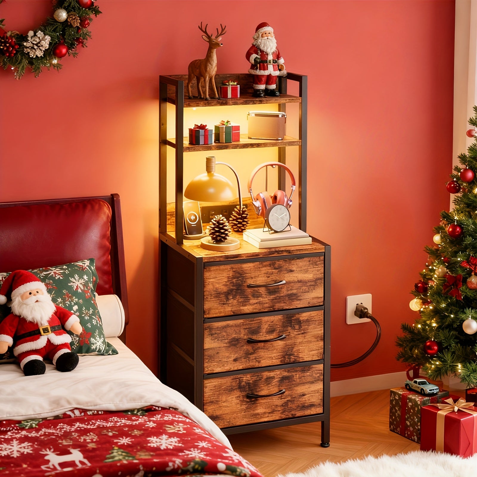 Nightstand With Charging Station | Bed-side Table With 3 PU Fabric Storage Drawers, LED Nightstand With USB Port And Outlet, Black, 41-inch, Heavy Duty Night Stand For School And Dormitory Storage, For Halloween And Christmas