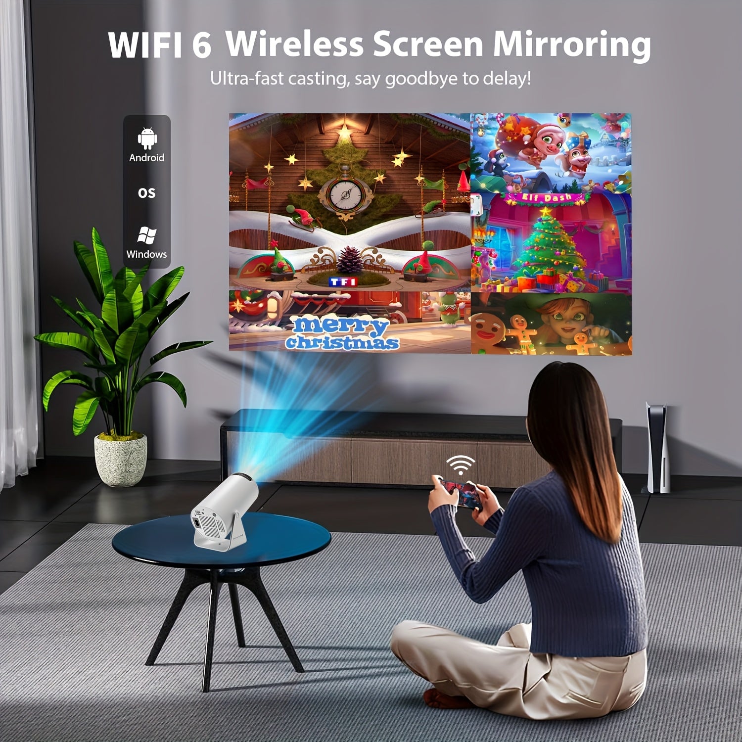 1x HY300 Pro Mini Portable Projector with Android 11.0 OS, 4K/1080P Smart Projector, Built-in Speakers, 180° Screen Rotation, Compatible with Netflix/YouTube/Hulu, Plug & Play Home Theater Projector for PC/Laptop-Free Movies