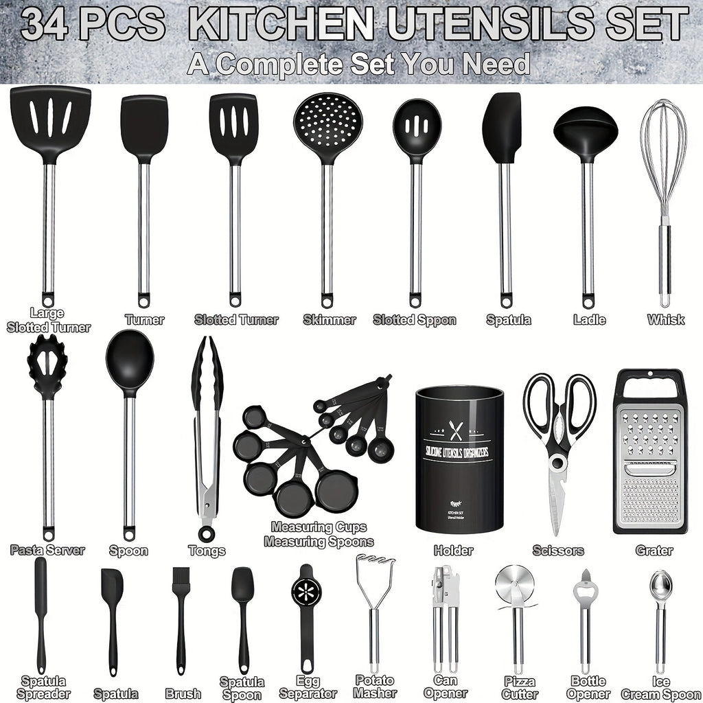 Kitchen Utensils Set-34pcs Silicone Cooking Utensils Set for Nonstick Cookware-Silicone Spatulas Set, Stainless Steel Handle-Black Kitchen Gadgets Tools, Pots And Pans Accessories, SKROAM father gift