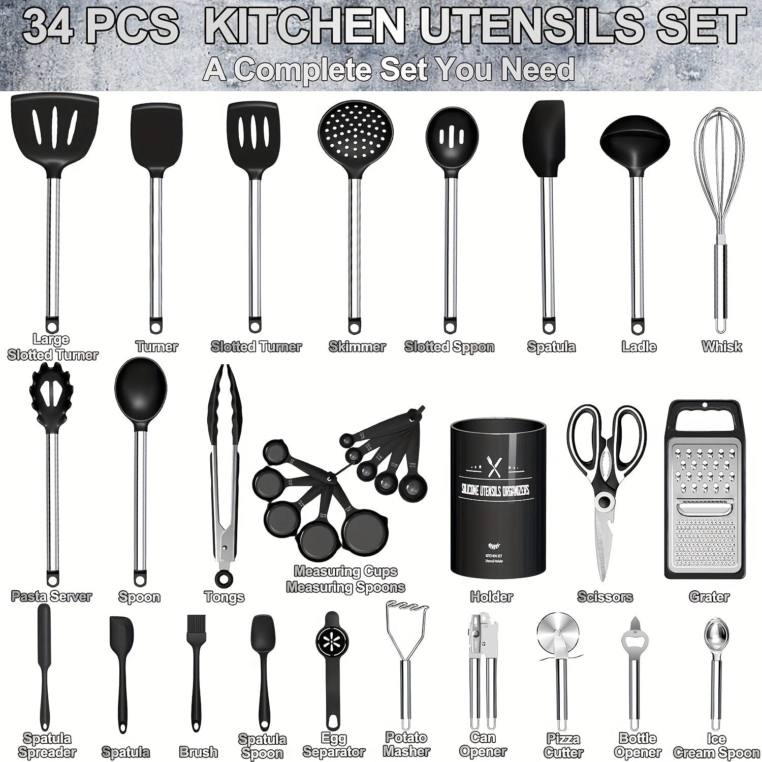 Kitchen Utensils Set-34pcs Silicone Cooking Utensils Set for Nonstick Cookware-Silicone Spatulas Set, Stainless Steel Handle-Black Kitchen Gadgets Tools, Pots And Pans Accessories, SKROAM father gift