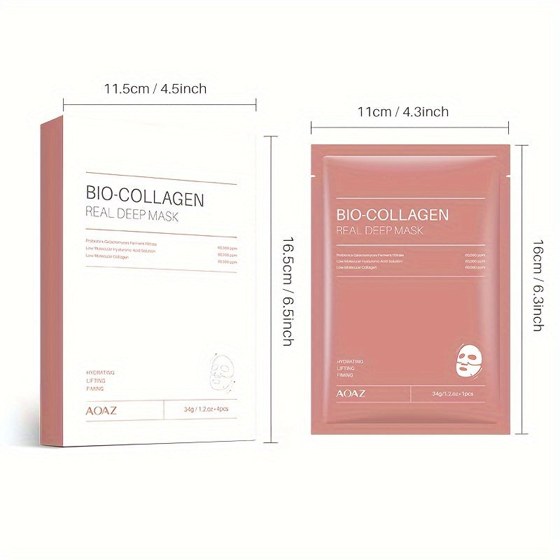 4pcs Bio-Collagen Real Deep Mask Pack Hydrating & Firming Facial Sheet Masks with Collagen, Hyaluronic Acid & Nicotinamide Moisturizing & Invigorating for All Light Beige Types(1pc/4pcs/8pcs)