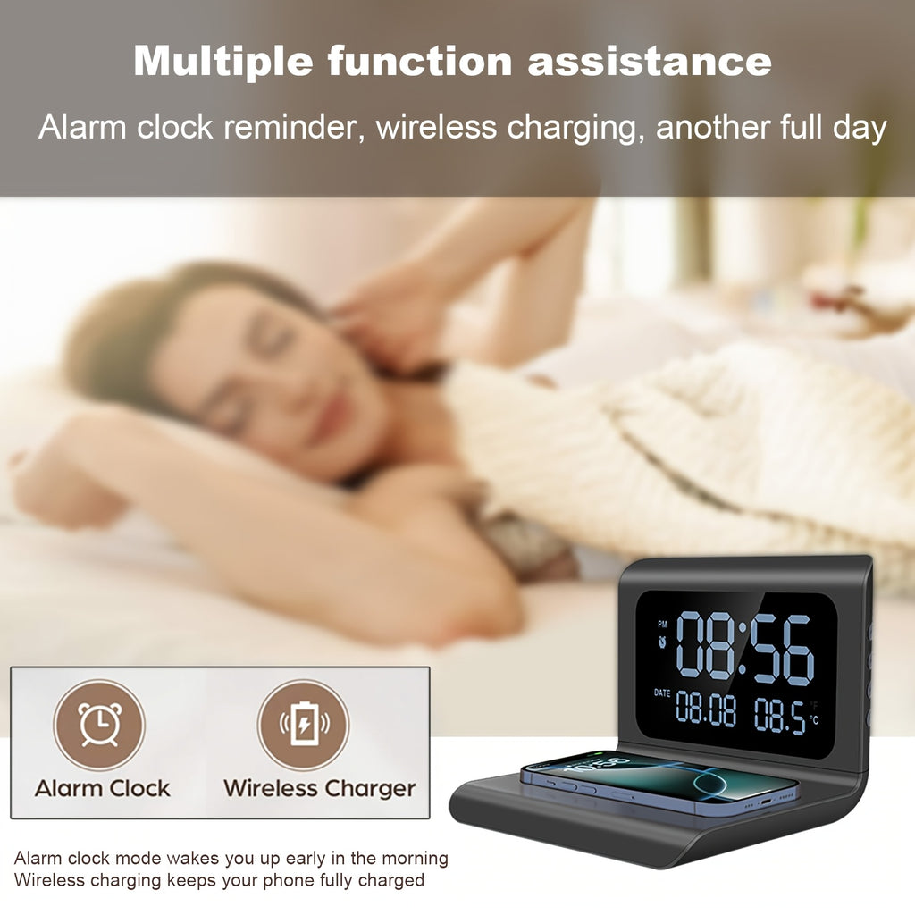 [Wireless Charger] 3in 1 Wireless Charger, Time Temperature Display, Alarm Clock for Bedroom Desk, Charging Dock Station for iPhone 16 15 14 13 12 11 Pro Max/Mini/Plus/XR/X/8 AirPods 2/3/4/Pro/Pro 2, AirPods 4/3/Pro/2, for Sa